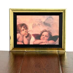 Vintage The Two Cherubs by Raphael Framed Art Print | 90s Print Gold Black Frame